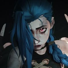 a woman with blue hair holding two knives