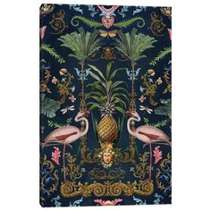 two flamingos and pineapples on a dark blue background with ornate border, surrounded by tropical foliage