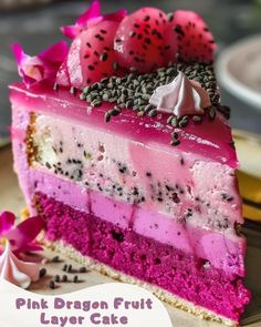 a piece of pink dragon fruit layer cake with sprinkles and flowers on top