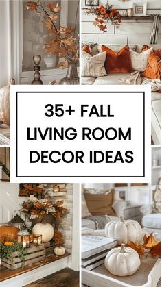 fall living room decor ideas with white pumpkins and other autumn decorations on the table