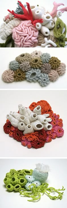 crocheted objects are arranged in three rows