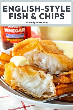 fish and chips on a white plate with text overlay that reads english - style fish & chips