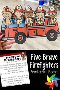 the five brave firefighters printable poem is shown in front of a firetruck