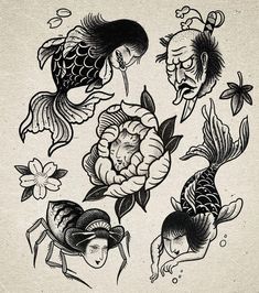 an old school tattoo design with fish and flowers