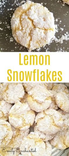 lemon snowflakes on a baking sheet with powdered sugar in the middle and an over head view of them