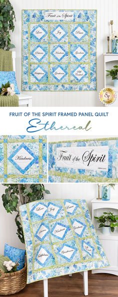 an image of a blue and green quilt with the words fruit of the spirit framed panel quilt