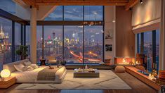 a living room with large windows and a view of the city at night in the distance