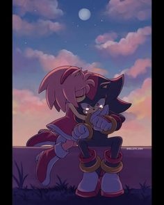 two cartoon characters hugging each other in front of the night sky