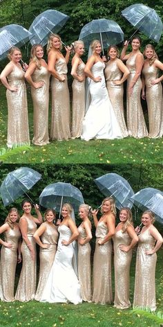 four pictures of women in gold dresses holding umbrellas and posing for the camera with their arms around each other