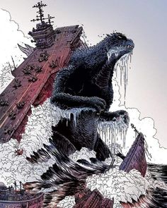 an image of godzilla attacking ships in the ocean with ice hanging from it's mouth