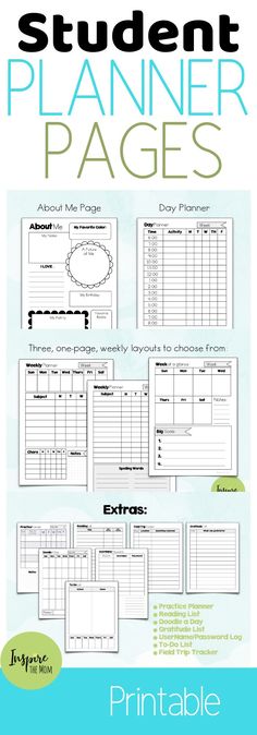 the printable student planner pages for students to use in their homeschool classroom