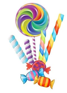 colorful lollipops and candy canes on a white background