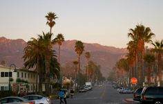 a street with palm trees and mountains in the background