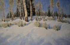 an oil painting of trees in the snow