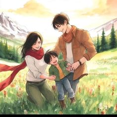 a man, woman and child are standing in the grass with mountains behind them on a sunny day