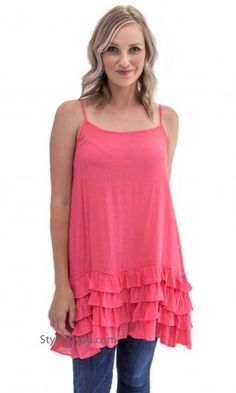 Arcadia Ruffle Layering Cami Shirt Extender Slip In Hot Coral Dresses For Tall Women, Slip Extender, Shirt Extender, Layering Cami, Cami Shirt, Ruffled Tunic, Vintage Inspired Outfits, Womens Kimono, Women Shawl