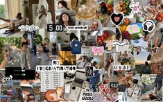 a collage of pictures with people and animals on them, including cats in the background