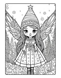 a coloring page with a fairy girl in the woods