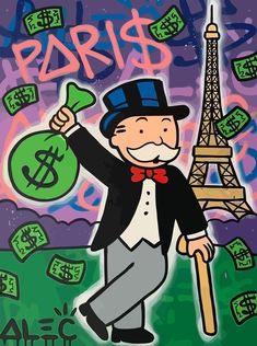 a painting of a man with money in front of the eiffel tower