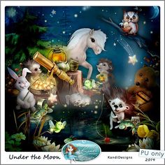 a painting of animals in the night with stars, moon and other things around them