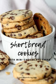 chocolate chip shortbread cookies with mini chocolate chips in a white bowl on a table