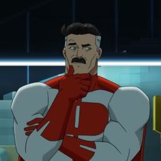 an animated man in a red and white suit with his hands on his chest, looking at the camera