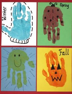 four different handprints with the words summer and fall written on them in various colors