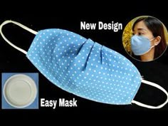 a woman wearing a face mask with the words new design and easy mask on it