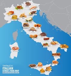 an illustrated map of italy with all the different food items in each country on it