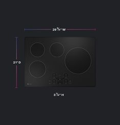 the measurements for an electric cooktop with four burners and three knobs on each side