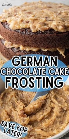 german chocolate cake frosting recipe on a plate with the words, save for later