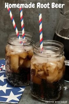 homemade root beer in mason jars with ice and straws