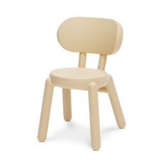 a white plastic chair with wooden legs and a seat on the back, against a white background