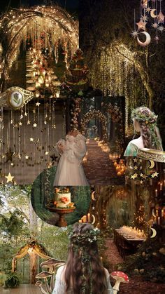 a collage of photos with people dressed up in fairy costumes and decorations, including trees, stars, lights, and other things