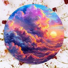 an image of the sky with clouds and sun in it's center surrounded by flowers