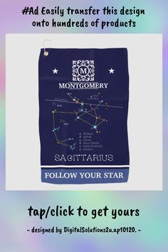 a blue towel with stars on it and the words sagittarius follow your star