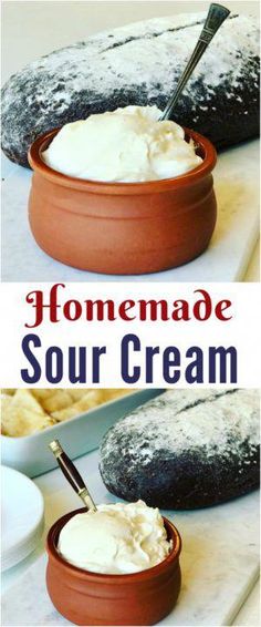 homemade sour cream is in a bowl on a table with bread and other food items