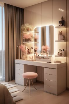 a bedroom with a vanity, mirror and stool in front of a window that has curtains on it