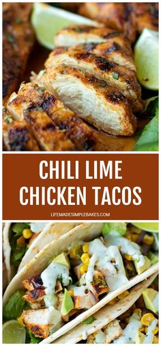 grilled chicken tacos with cilantro sauce and lime wedges on the side