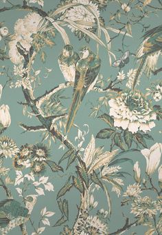 a green wallpaper with birds and flowers on it