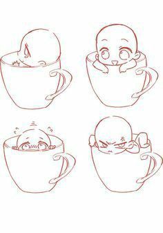 four drawings of coffee cups with faces in the middle and one on the other side