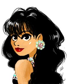 a drawing of a woman with long black hair and large earrings on her left shoulder