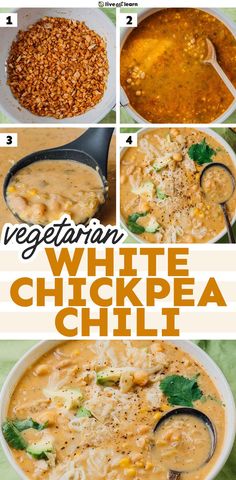 white chickpea chili recipe is shown in four different pictures with text overlay