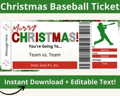 a christmas baseball ticket with the text merry christmas you're going to team vs team