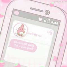 an image of a cell phone with hello kitty on the screen and pink flowers in the background