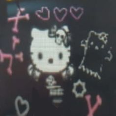 an image of hello kitty on a cell phone screen with hearts and stars around it