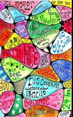 a painting with words written on it and hearts in different colors, including the word's names