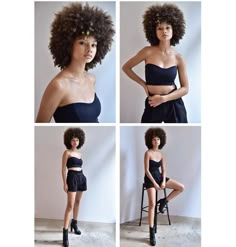 four different pictures of a woman with curly hair wearing black clothing and high heeled boots