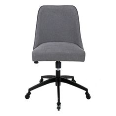 an office chair with wheels and grey fabric upholstered on the back, viewed from the front