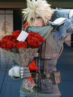 an anime character holding flowers in his hands